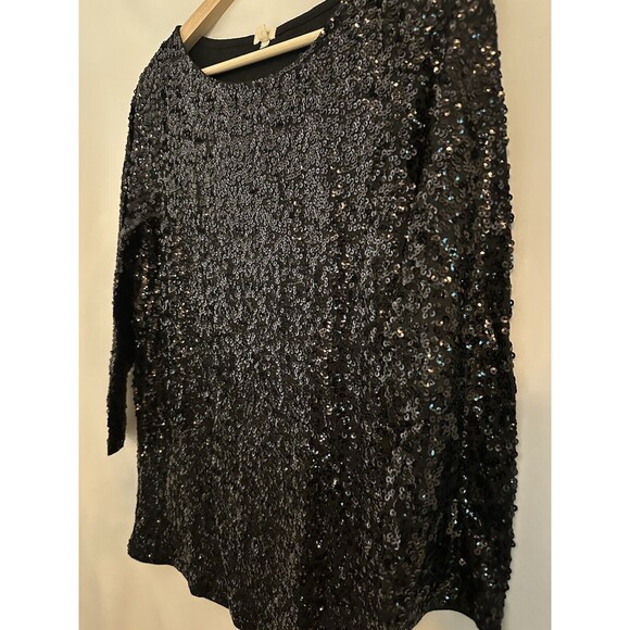 J. CREW Womens Black Sequin Blouse Size S Boatneck 3/4 Sleeve Pullover Glitzy - Picture 3 of 7
